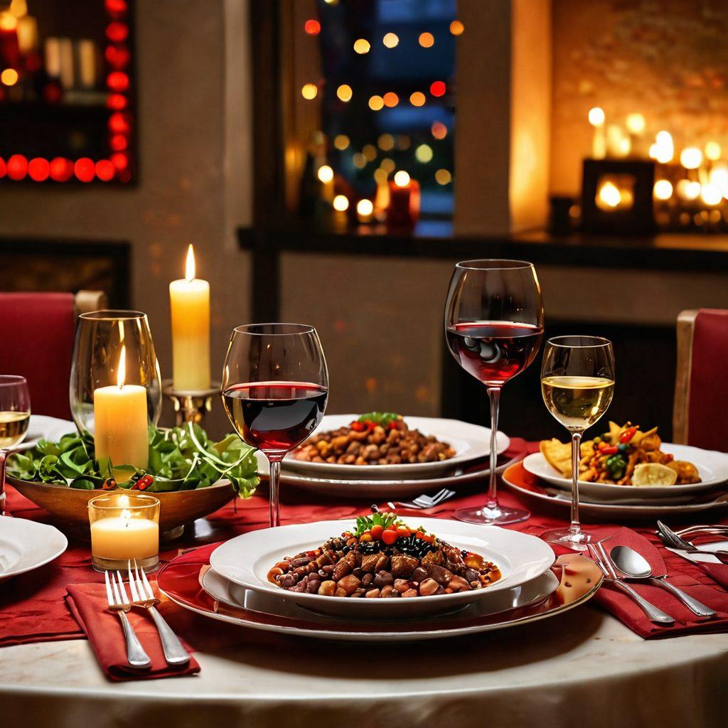A beautifully set dining table with elegant red and white wine glasses, surrounded by gourmet chili dishes garnished artistically. The scene captures an inviting atmosphere, illuminated by warm candlelight, with rich, vibrant colors of the wines and the colorful chili presentations. Include a backdrop of twinkling fairy lights for a festive touch. super-realistic. warm colors. elegant atmosphere.