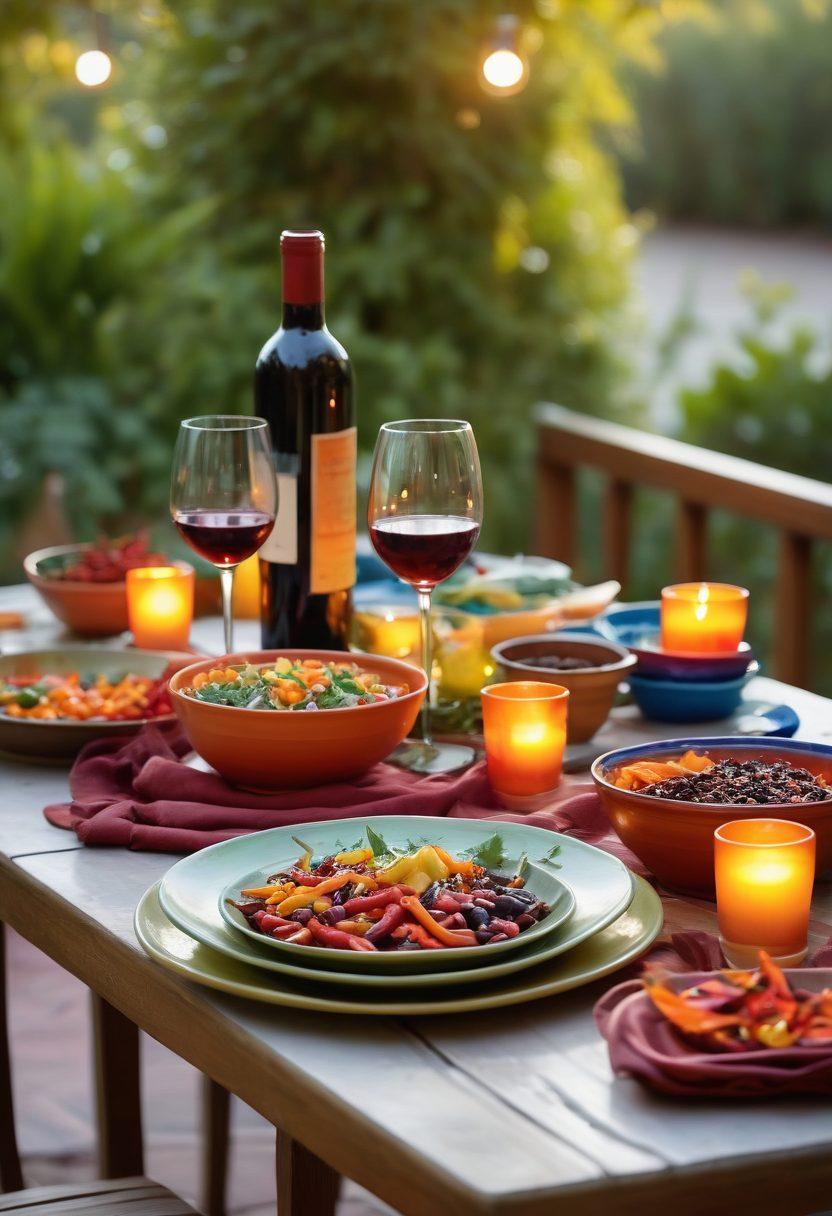 A vibrant table set for a happy hour, featuring an array of exquisite wine bottles and bold, colorful chili dishes in elegant serving bowls. Soft candlelight illuminates the setting, with playful wine glasses capturing reflections of the food. Background hints of a cozy, inviting outdoor patio atmosphere, infused with rich textures and culinary details. watercolor style. warm colors. inviting ambiance.