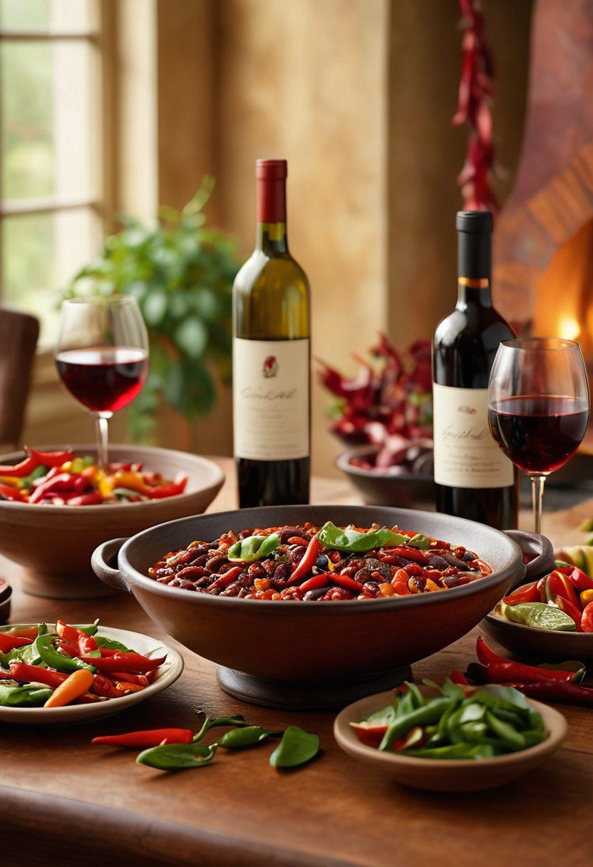 An elegant table setting showcasing a bottle of fine wine and a steaming bowl of vibrant chili, with colorful garnishes, surrounded by wine glasses and spicy peppers. The background softly blurred to emphasize the pairing elements, creating a warm and inviting atmosphere. Rich earth tones dominate the scene, complemented by splashes of red and green. super-realistic. warm lighting.